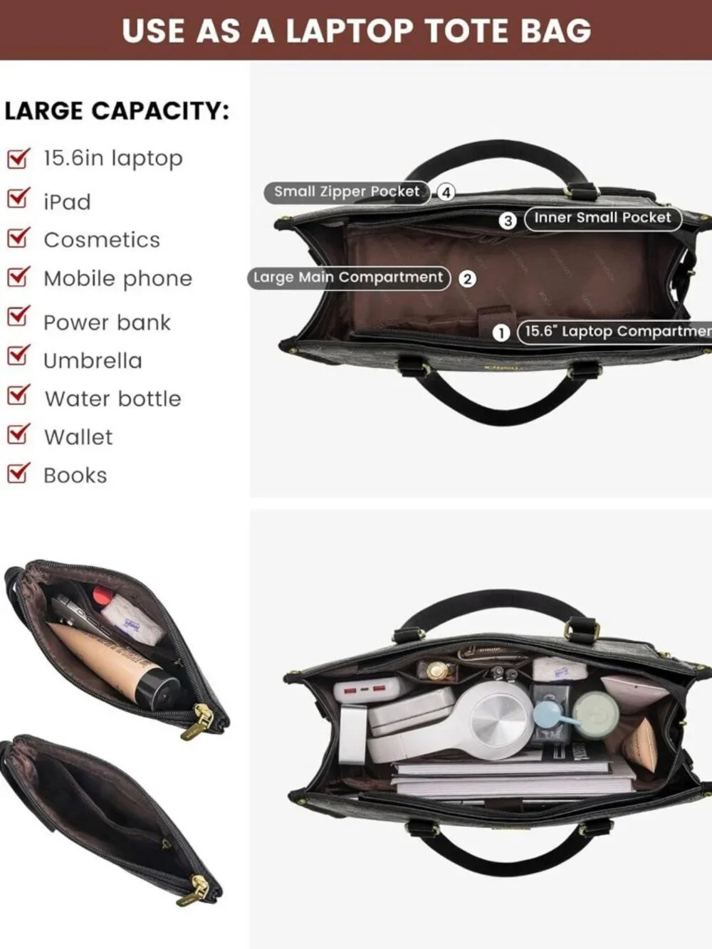 Stylish Insulated Lunch Tote & Laptop Bag for Women, Large Capacity, Jet Black